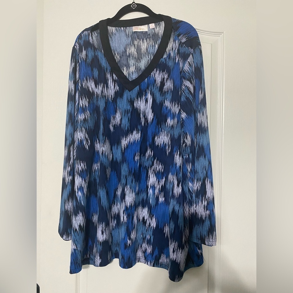Belle By Kim Gravel Blue Patterned V-Neck Dress Women’s Size 3x